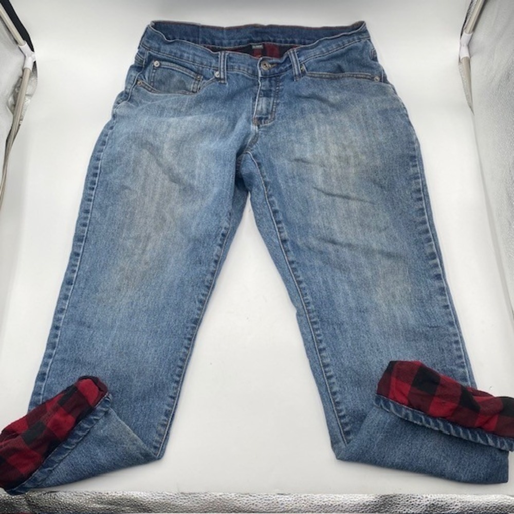 Eddieโ Bauer Flannel Lined Straight Jeans Mens 34x30 Blue Plaid Insulated Winter